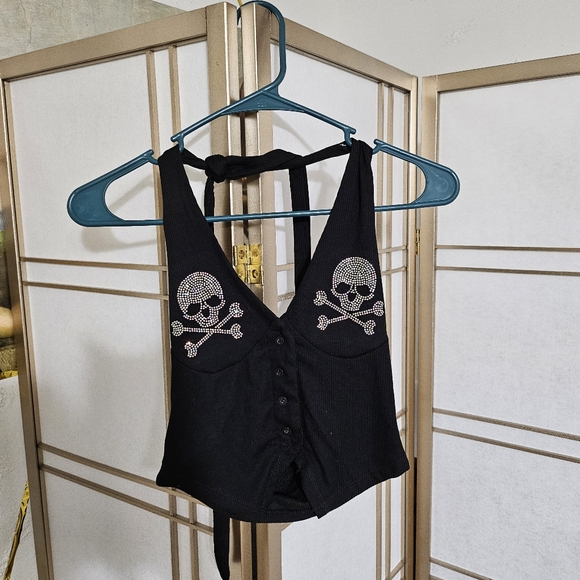 Size medium Sexy Goth Black rhinestone y2k skull silver halter top shirt - Picture 1 of 4